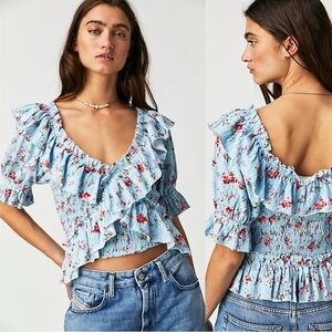 FREE PEOPLE Favorite Girl Smocked Floral Ruffle Top Candy Combo Size XS